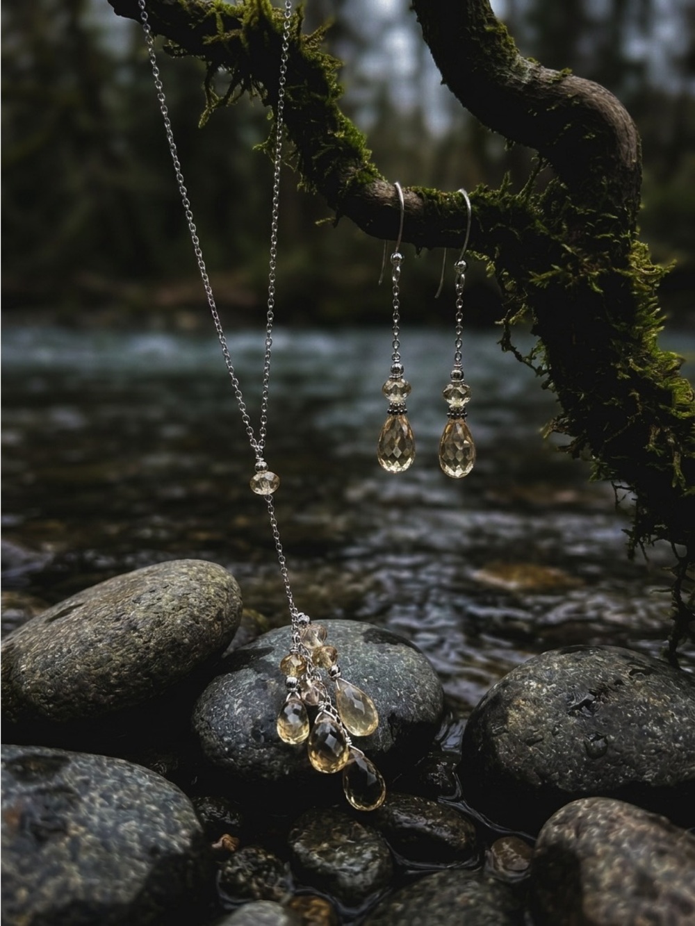 Citrine Teardrop Lariat Necklace & Earrings